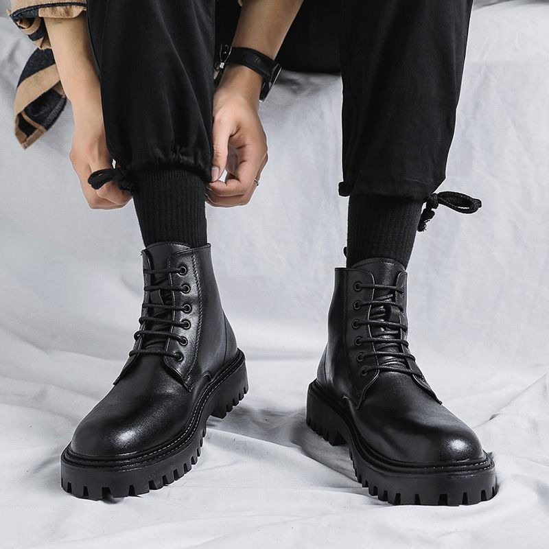 Men'S Shoes With Height Increase - 남성 하이탑 가죽 부츠 패션 영국
