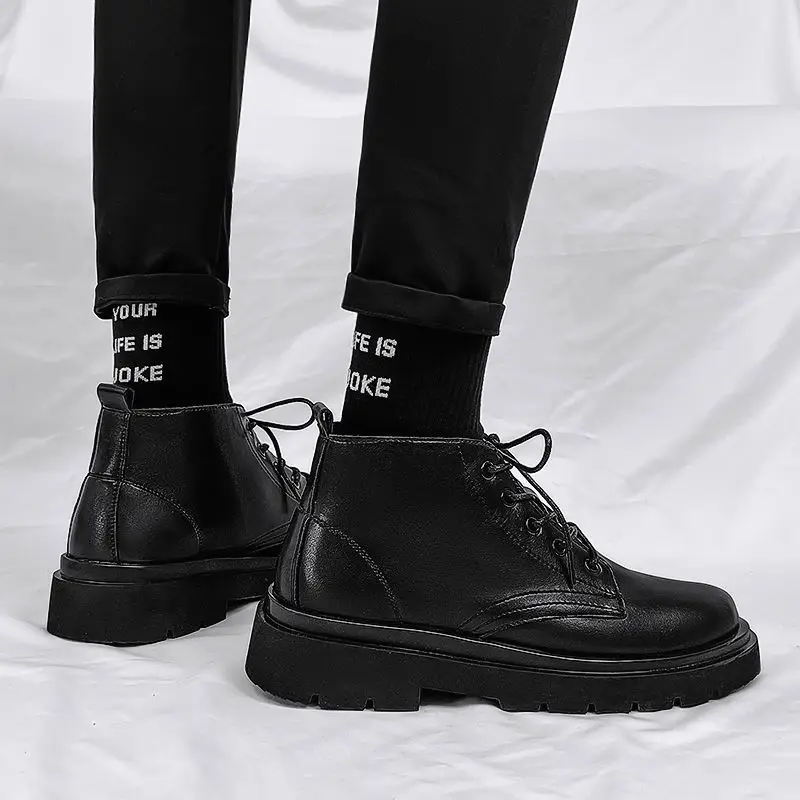 Men'S Shoes With Height Increase - 가죽 블랙 남성 하이탑 레이스업 부츠