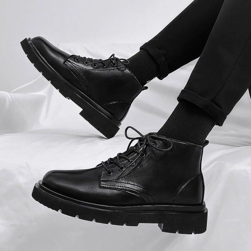 가죽 블랙 남성 하이탑 레이스업 부츠 가을 영국 스타일 - Men'S Shoes With Height Increase 리뷰 및 가격