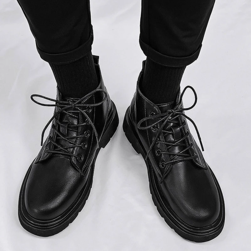 가죽 블랙 남성 하이탑 레이스업 부츠 가을 영국 스타일 - Men'S Shoes With Height Increase 리뷰 및 가격
