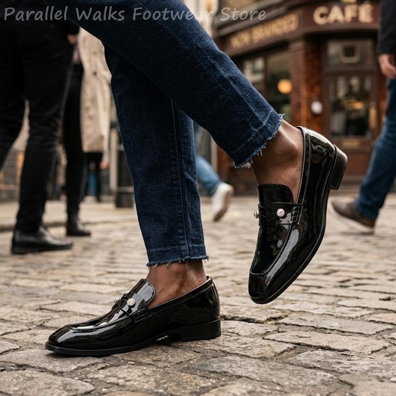 남성용 블랙 에나멜 인조 스웨이드 라인스톤 로퍼 슬립온 - Men Shoes For Wedding 리뷰 및 가격